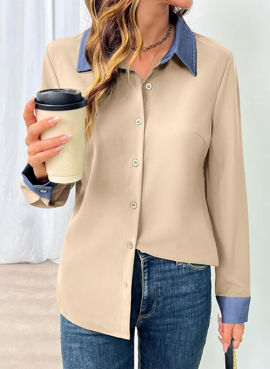 image:imageDokotoo Button Down Shirts for Women Long Sleeve Denim Patchwork Tops  Fashion Collared Shirt Long Sleeve Denim Patchwork Color Block Office Work Top Fall Outfits Daily Casual 2026Apricot