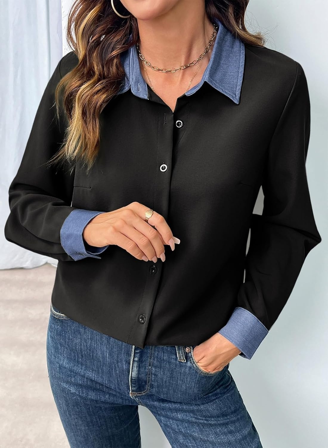 image:imageDokotoo Button Down Shirts for Women Long Sleeve Denim Patchwork Tops  Fashion Collared Shirt Long Sleeve Denim Patchwork Color Block Office Work Top Fall Outfits Daily Casual 2026Black