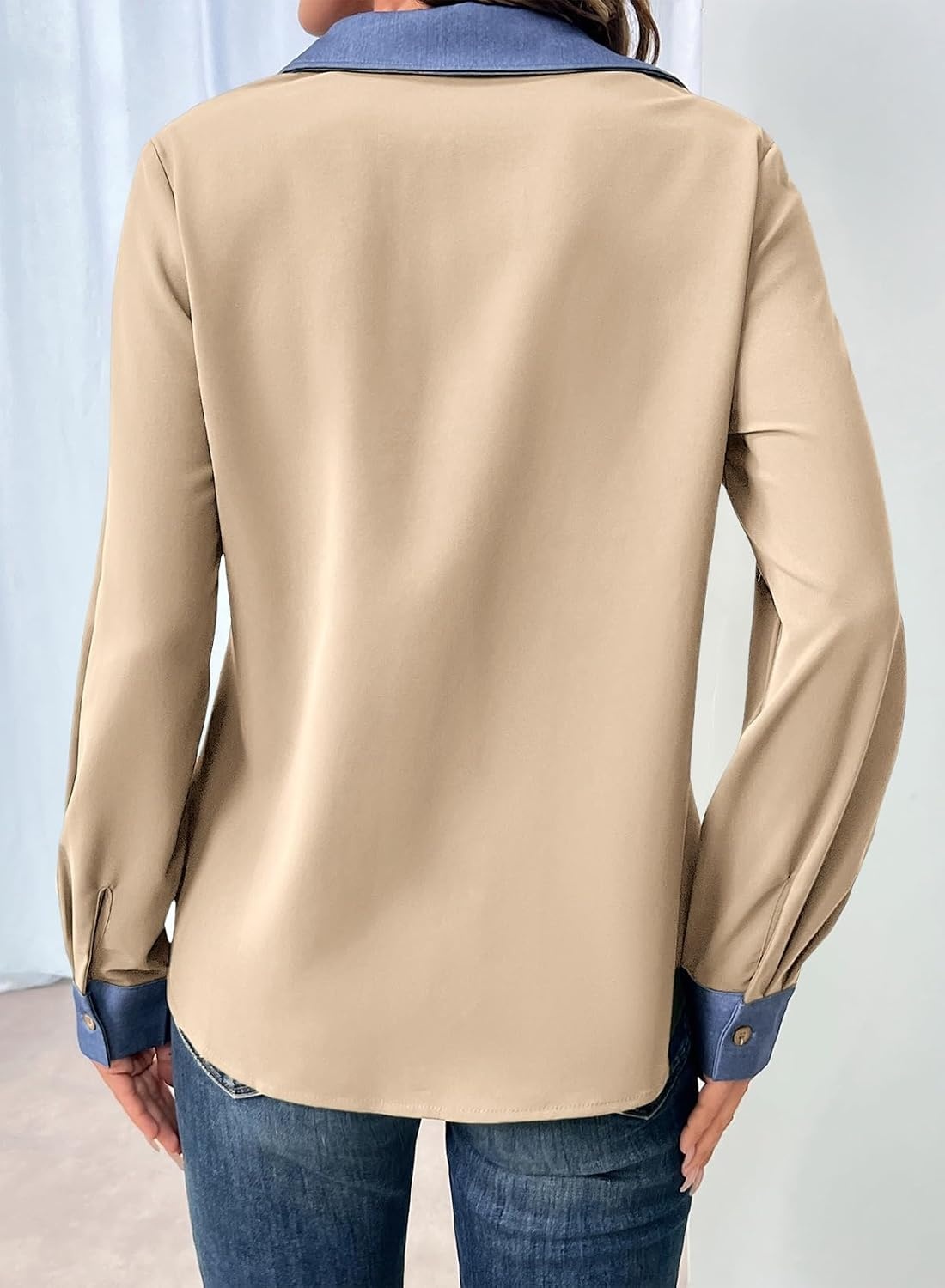 image:imageDokotoo Button Down Shirts for Women Long Sleeve Denim Patchwork Tops  Fashion Collared Shirt Long Sleeve Denim Patchwork Color Block Office Work Top Fall Outfits Daily Casual 2026Apricot