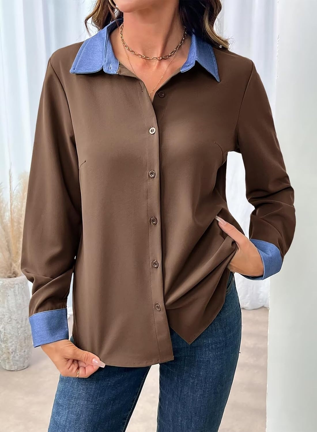 image:imageDokotoo Button Down Shirts for Women Long Sleeve Denim Patchwork Tops  Fashion Collared Shirt Long Sleeve Denim Patchwork Color Block Office Work Top Fall Outfits Daily Casual 2026Brown