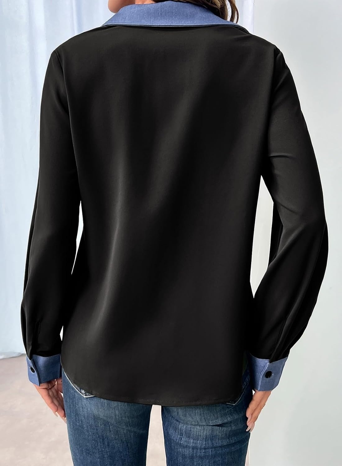 image:imageDokotoo Button Down Shirts for Women Long Sleeve Denim Patchwork Tops  Fashion Collared Shirt Long Sleeve Denim Patchwork Color Block Office Work Top Fall Outfits Daily Casual 2026Black