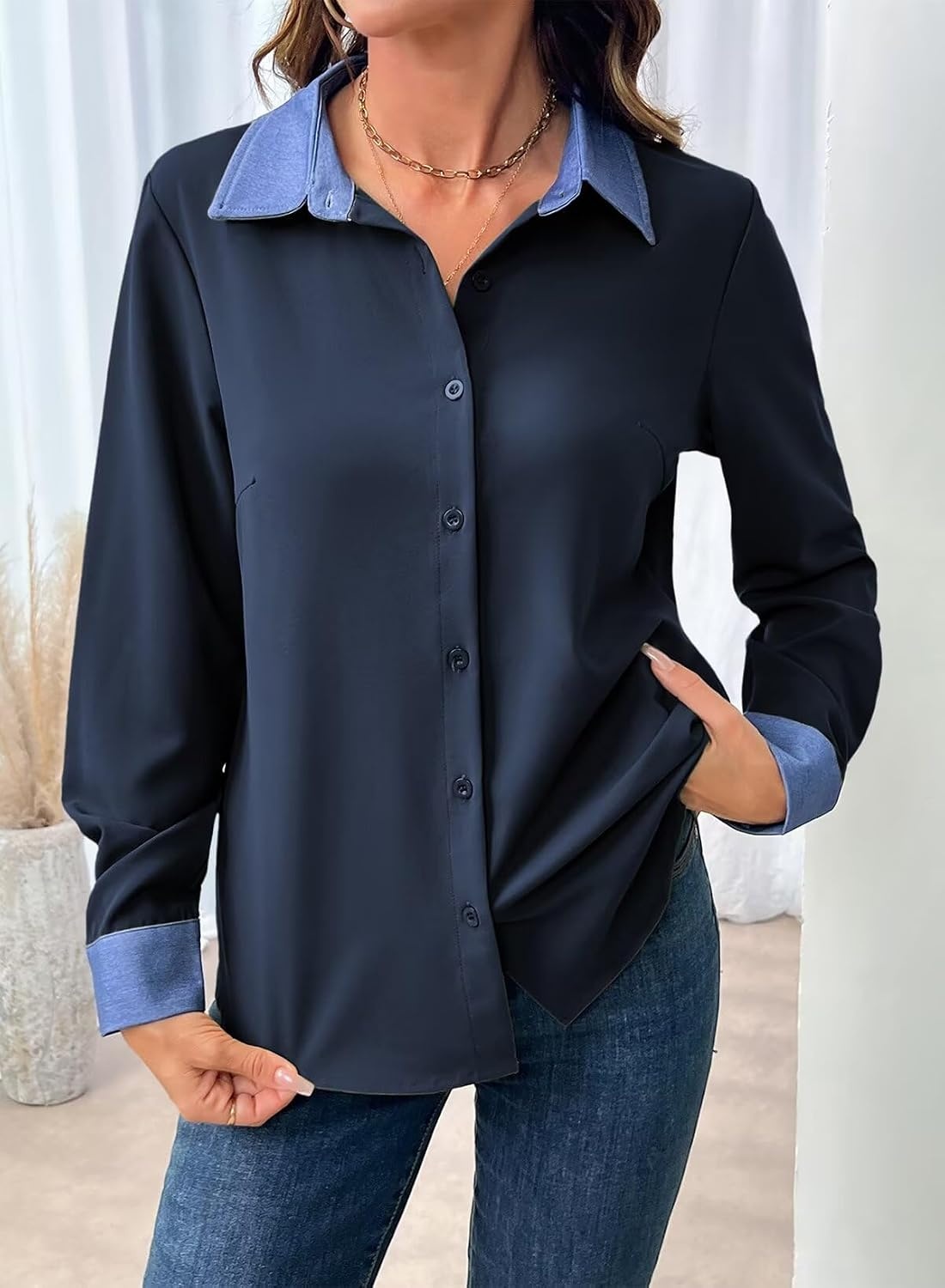 image:imageDokotoo Button Down Shirts for Women Long Sleeve Denim Patchwork Tops  Fashion Collared Shirt Long Sleeve Denim Patchwork Color Block Office Work Top Fall Outfits Daily Casual 2026Navy Blue