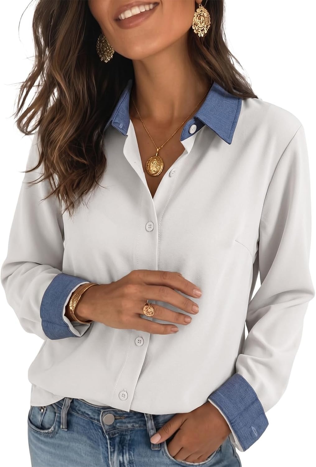 image:imageDokotoo Button Down Shirts for Women Long Sleeve Denim Patchwork Tops  Fashion Collared Shirt Long Sleeve Denim Patchwork Color Block Office Work Top Fall Outfits Daily Casual 2026White