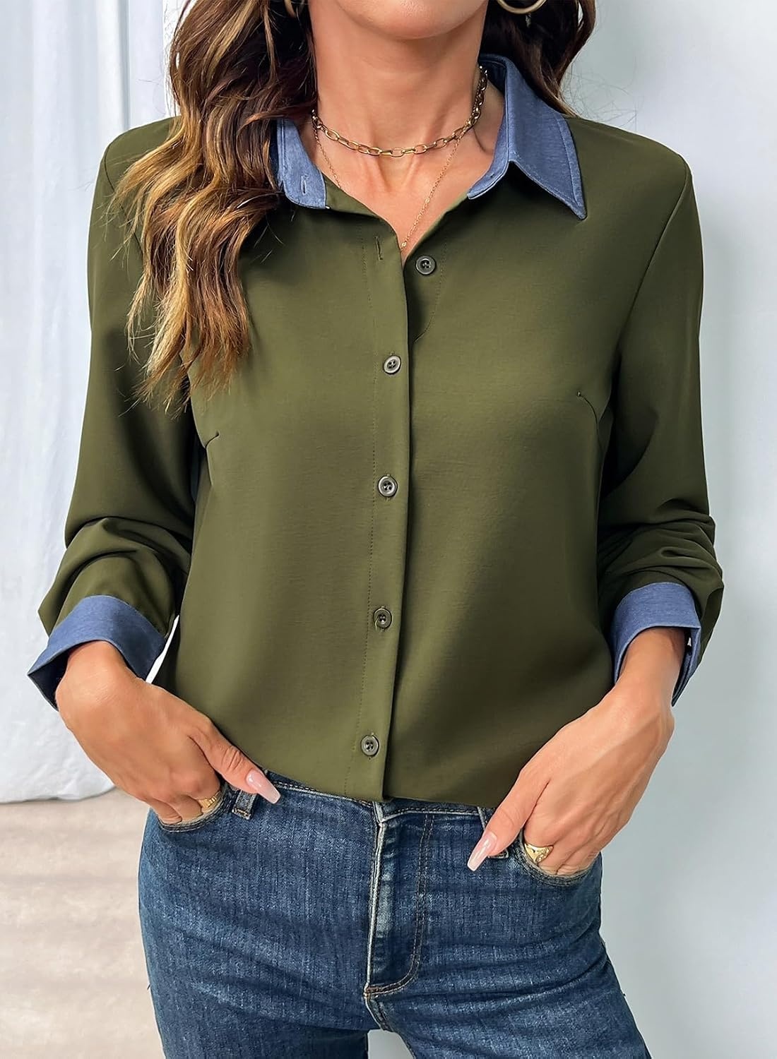 image:imageDokotoo Button Down Shirts for Women Long Sleeve Denim Patchwork Tops  Fashion Collared Shirt Long Sleeve Denim Patchwork Color Block Office Work Top Fall Outfits Daily Casual 2026Green