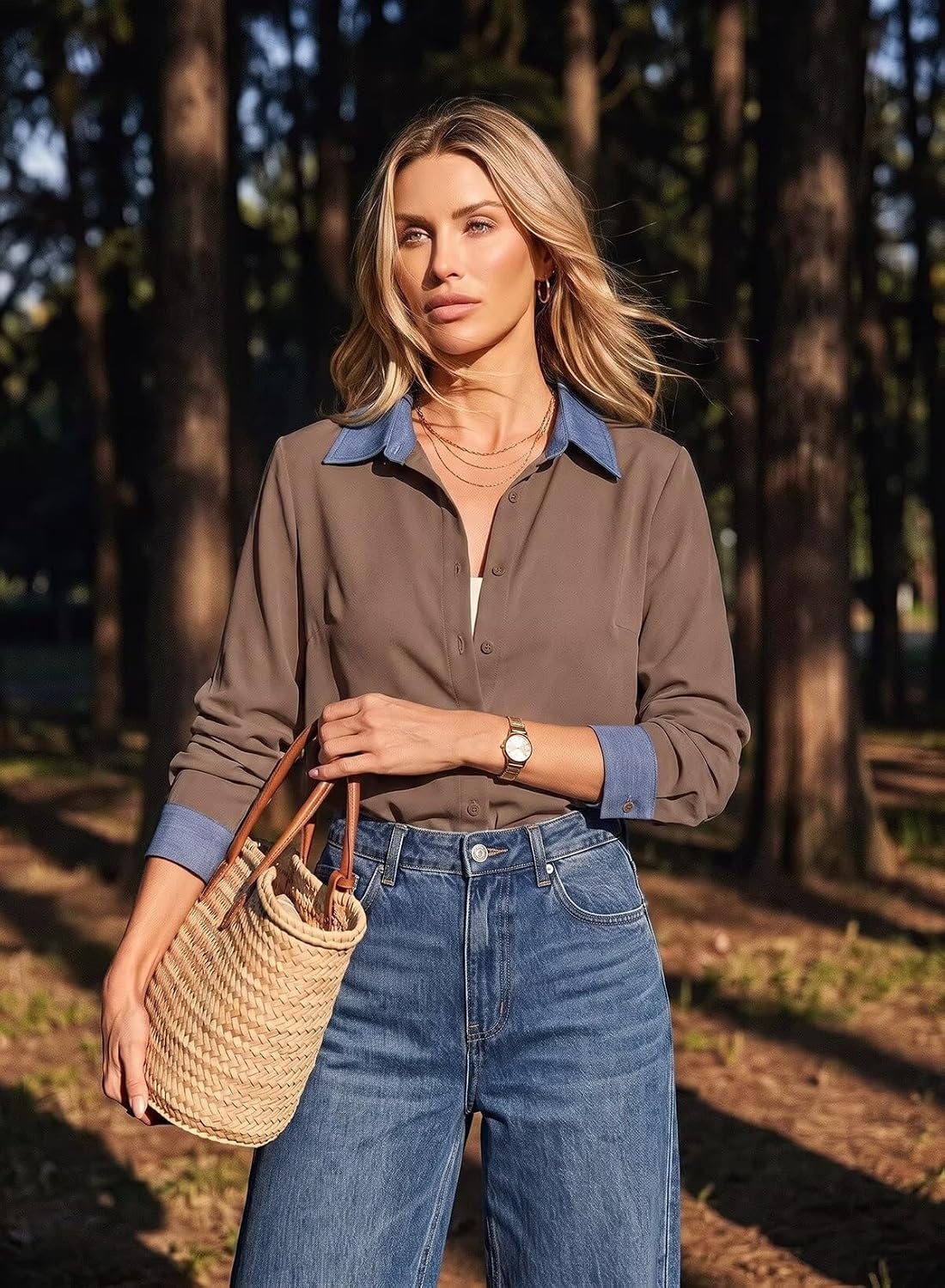 image:imageDokotoo Button Down Shirts for Women Long Sleeve Denim Patchwork Tops  Fashion Collared Shirt Long Sleeve Denim Patchwork Color Block Office Work Top Fall Outfits Daily Casual 2026Brown
