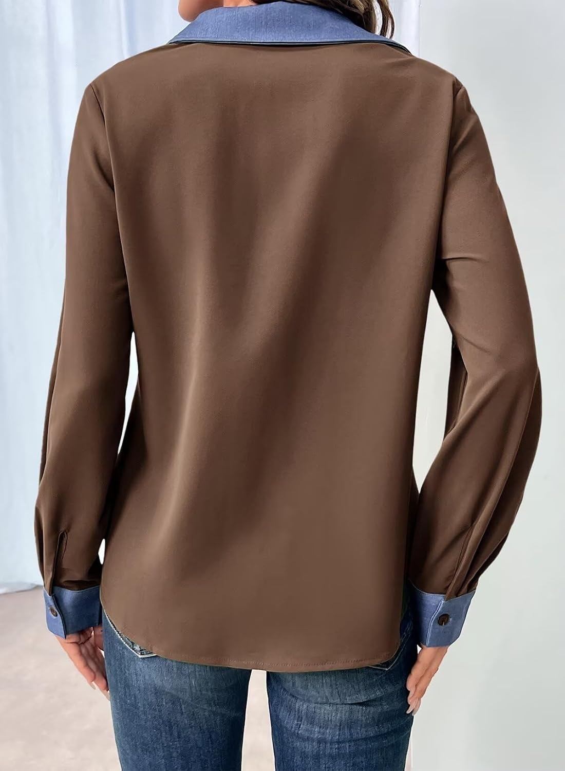 image:imageDokotoo Button Down Shirts for Women Long Sleeve Denim Patchwork Tops  Fashion Collared Shirt Long Sleeve Denim Patchwork Color Block Office Work Top Fall Outfits Daily Casual 2026Brown