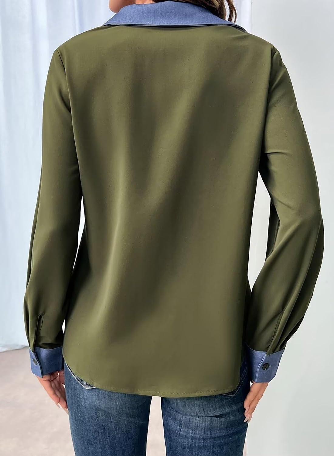 image:imageDokotoo Button Down Shirts for Women Long Sleeve Denim Patchwork Tops  Fashion Collared Shirt Long Sleeve Denim Patchwork Color Block Office Work Top Fall Outfits Daily Casual 2026Green