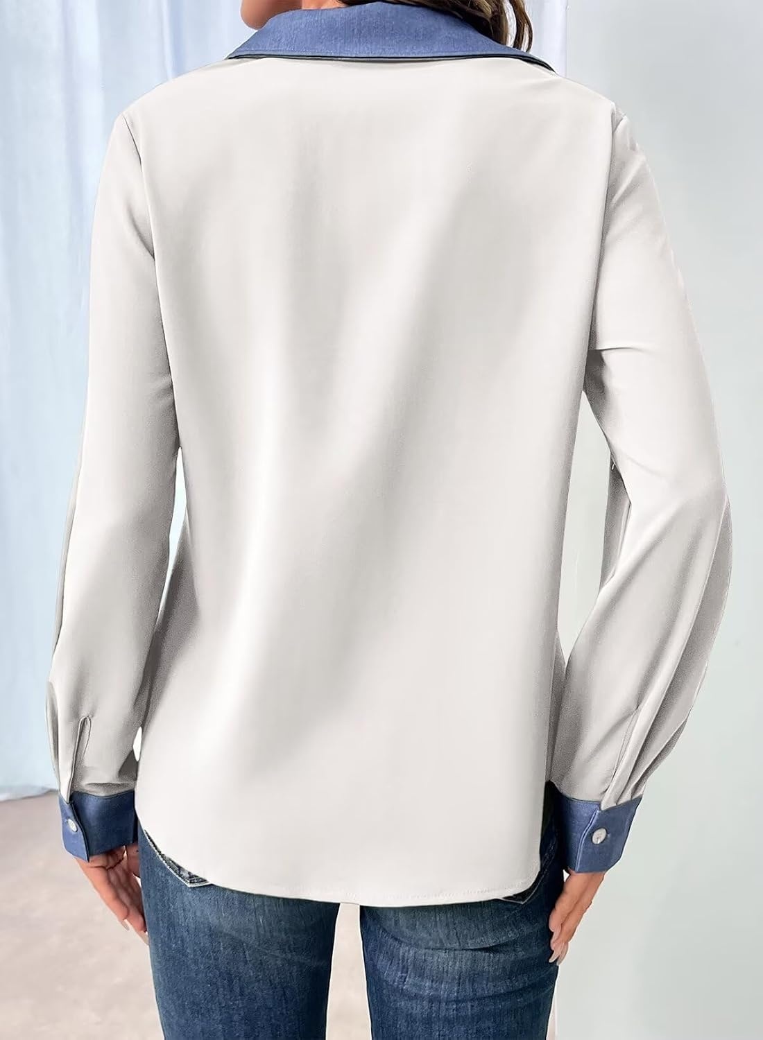 image:imageDokotoo Button Down Shirts for Women Long Sleeve Denim Patchwork Tops  Fashion Collared Shirt Long Sleeve Denim Patchwork Color Block Office Work Top Fall Outfits Daily Casual 2026White