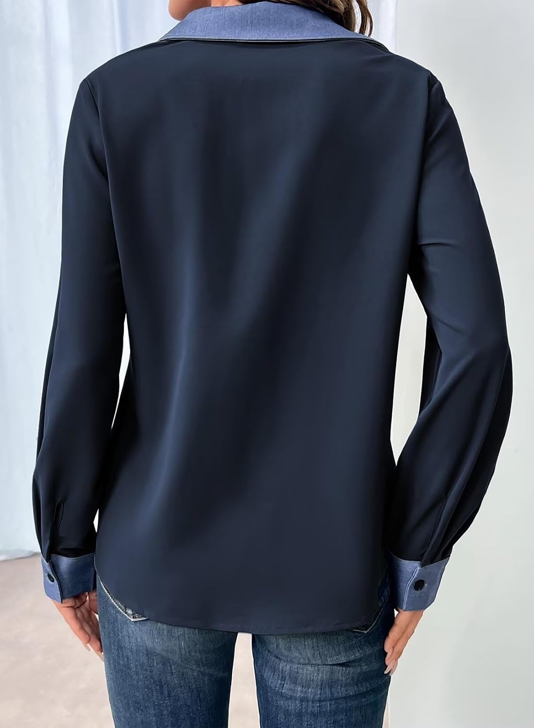 image:imageDokotoo Button Down Shirts for Women Long Sleeve Denim Patchwork Tops  Fashion Collared Shirt Long Sleeve Denim Patchwork Color Block Office Work Top Fall Outfits Daily Casual 2026Navy Blue
