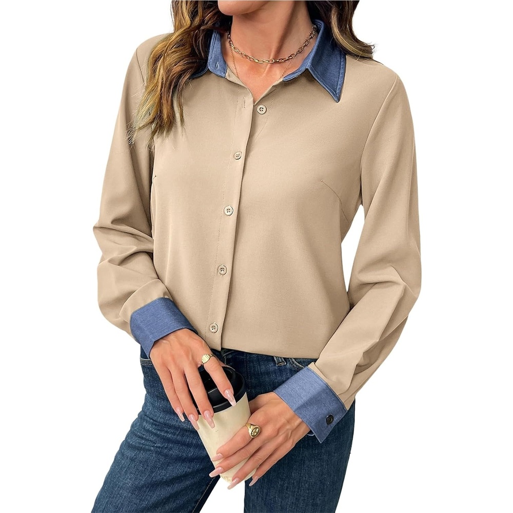 image:imageDokotoo Button Down Shirts for Women Long Sleeve Denim Patchwork Tops  Fashion Collared Shirt Long Sleeve Denim Patchwork Color Block Office Work Top Fall Outfits Daily Casual 2026Apricot