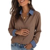 image:imageDokotoo Button Down Shirts for Women Long Sleeve Denim Patchwork Tops  Fashion Collared Shirt Long Sleeve Denim Patchwork Color Block Office Work Top Fall Outfits Daily Casual 2026Brown
