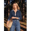 image:imageDokotoo Button Down Shirts for Women Long Sleeve Denim Patchwork Tops  Fashion Collared Shirt Long Sleeve Denim Patchwork Color Block Office Work Top Fall Outfits Daily Casual 2026Navy Blue
