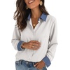 image:imageDokotoo Button Down Shirts for Women Long Sleeve Denim Patchwork Tops  Fashion Collared Shirt Long Sleeve Denim Patchwork Color Block Office Work Top Fall Outfits Daily Casual 2026White