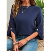 image:imageDokotoo Womens Sweaters Oversized 34 Button Sleeve Crewneck Casual Lightweight Knit Solid Pullover Sweater TopsDark Blue