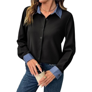 image:imageDokotoo Button Down Shirts for Women Long Sleeve Denim Patchwork Tops  Fashion Collared Shirt Long Sleeve Denim Patchwork Color Block Office Work Top Fall Outfits Daily Casual 2026Black