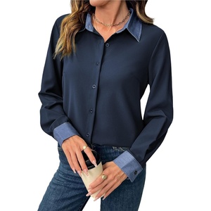image:imageDokotoo Button Down Shirts for Women Long Sleeve Denim Patchwork Tops  Fashion Collared Shirt Long Sleeve Denim Patchwork Color Block Office Work Top Fall Outfits Daily Casual 2026Navy Blue