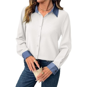 image:imageDokotoo Button Down Shirts for Women Long Sleeve Denim Patchwork Tops  Fashion Collared Shirt Long Sleeve Denim Patchwork Color Block Office Work Top Fall Outfits Daily Casual 2026White