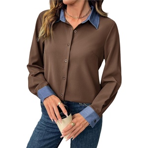 image:imageDokotoo Button Down Shirts for Women Long Sleeve Denim Patchwork Tops  Fashion Collared Shirt Long Sleeve Denim Patchwork Color Block Office Work Top Fall Outfits Daily Casual 2026Brown