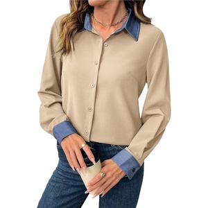 image:imageDokotoo Button Down Shirts for Women Long Sleeve Denim Patchwork Tops  Fashion Collared Shirt Long Sleeve Denim Patchwork Color Block Office Work Top Fall Outfits Daily Casual 2026Apricot