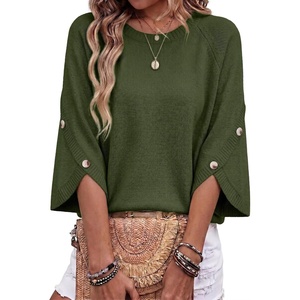 image:imageDokotoo Womens Sweaters Oversized 34 Button Sleeve Crewneck Casual Lightweight Knit Solid Pullover Sweater TopsGreen