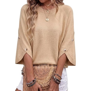 image:imageDokotoo Womens Sweaters Oversized 34 Button Sleeve Crewneck Casual Lightweight Knit Solid Pullover Sweater TopsKhaki