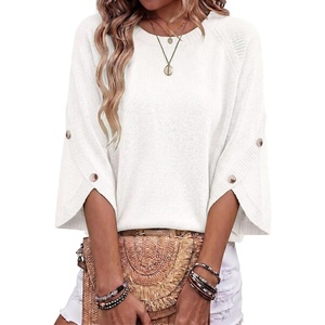 image:imageDokotoo Womens Sweaters Oversized 34 Button Sleeve Crewneck Casual Lightweight Knit Solid Pullover Sweater TopsWhite
