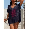 image:imageDokotoo Womens Crochet Mesh Swimsuit Cover Up V Neck Beach Dress Bathing Suit Coverups for SwimwearNavy