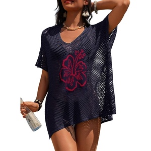 image:imageDokotoo Womens Crochet Mesh Swimsuit Cover Up V Neck Beach Dress Bathing Suit Coverups for SwimwearNavy