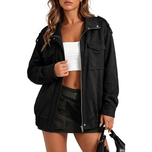 image:imageDokotoo Womens Faux Suede Bomber Jacket Cropped Long Sleeve Cropped CoatBlack