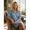 image:imageDokotoo Denim Dress for Women Short Puff Sleeve V Neck Solid Babydoll Jean DressesBeau Blue