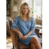image:imageDokotoo Denim Dress for Women Short Puff Sleeve V Neck Solid Babydoll Jean DressesDusk Blue