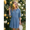 image:imageDokotoo Denim Dress for Women Short Puff Sleeve V Neck Solid Babydoll Jean DressesDusk Blue