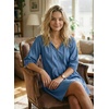image:imageDokotoo Denim Dress for Women Short Puff Sleeve V Neck Solid Babydoll Jean DressesSky Blue