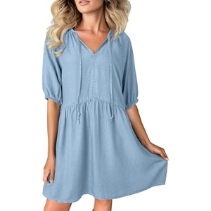 image:imageDokotoo Denim Dress for Women Short Puff Sleeve V Neck Solid Babydoll Jean DressesBeau Blue