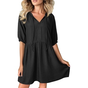 image:imageDokotoo Denim Dress for Women Short Puff Sleeve V Neck Solid Babydoll Jean DressesBlack