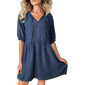 image:imageDokotoo Denim Dress for Women Short Puff Sleeve V Neck Solid Babydoll Jean DressesDirty Blue