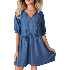 image:imageDokotoo Denim Dress for Women Short Puff Sleeve V Neck Solid Babydoll Jean DressesSky Blue