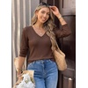 image:imageDokotoo Womens Tops V Neck 34 Sleeve Dressy Casual Waffle Knit Lace Trim Shirts Lightweight Soft Blouses Vacation OutfitsBrown