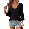 image:imageDokotoo Womens Tops V Neck 34 Sleeve Dressy Casual Waffle Knit Lace Trim Shirts Lightweight Soft Blouses Vacation OutfitsBlack