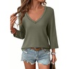 image:imageDokotoo Womens Tops V Neck 34 Sleeve Dressy Casual Waffle Knit Lace Trim Shirts Lightweight Soft Blouses Vacation OutfitsGreen