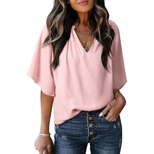 image:imageDokotoo Womens Chiffon Blouses Dressy Casual Summer 34 Sleeve Tops V Neck Work Dress ShirtsA1 Pink