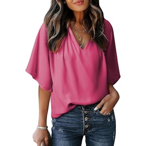 image:imageDokotoo Womens Chiffon Blouses Dressy Casual Summer 34 Sleeve Tops V Neck Work Dress ShirtsA1 Rose