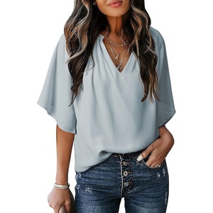 image:imageDokotoo Womens Chiffon Blouses Dressy Casual Summer 34 Sleeve Tops V Neck Work Dress ShirtsA1 Sky Blue