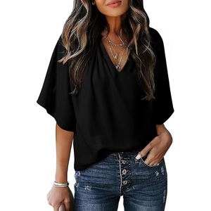 image:imageDokotoo Womens Chiffon Blouses Dressy Casual Summer 34 Sleeve Tops V Neck Work Dress ShirtsA2 Black