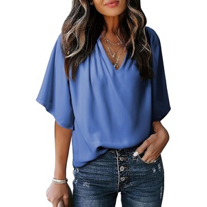 image:imageDokotoo Womens Chiffon Blouses Dressy Casual Summer 34 Sleeve Tops V Neck Work Dress ShirtsA4 Blue