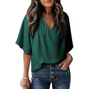 image:imageDokotoo Womens Chiffon Blouses Dressy Casual Summer 34 Sleeve Tops V Neck Work Dress ShirtsA5 Green