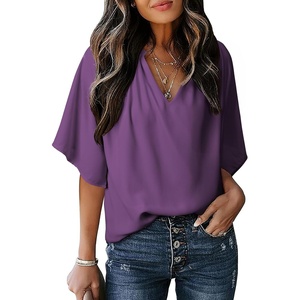 image:imageDokotoo Womens Chiffon Blouses Dressy Casual Summer 34 Sleeve Tops V Neck Work Dress ShirtsA7 Purple