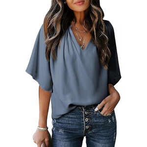 image:imageDokotoo Womens Chiffon Blouses Dressy Casual Summer 34 Sleeve Tops V Neck Work Dress ShirtsA8 Blue