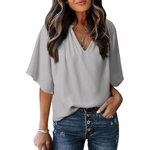 image:imageDokotoo Womens Chiffon Blouses Dressy Casual Summer 34 Sleeve Tops V Neck Work Dress ShirtsA9 Grey