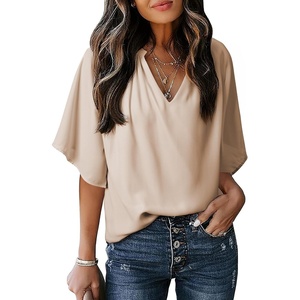image:imageDokotoo Womens Chiffon Blouses Dressy Casual Summer 34 Sleeve Tops V Neck Work Dress ShirtsBeige